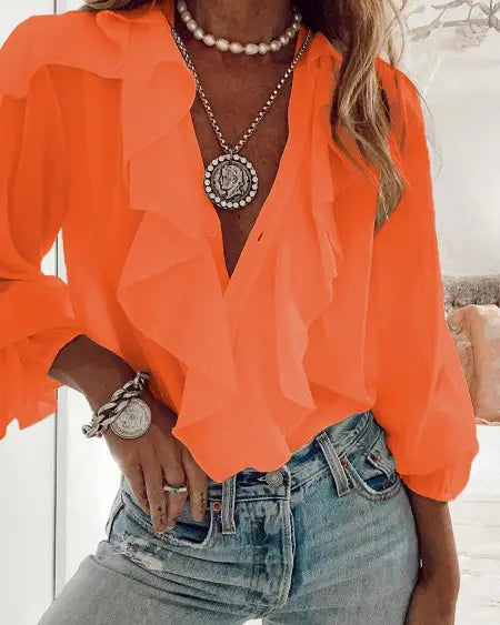 Long Sleeve Top with Buttoned Ruffles