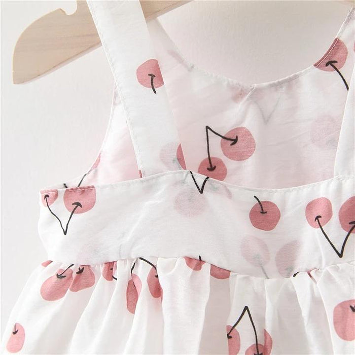 Summer Cherry Printed Baby Dress with Hat