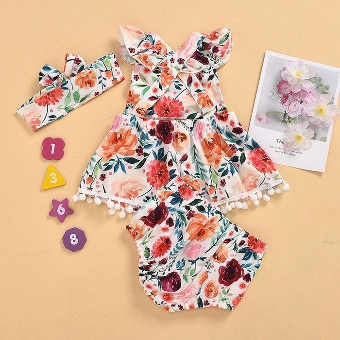 Conjunto de bebé de 3 piezas con vestido estampado floral y pantalones