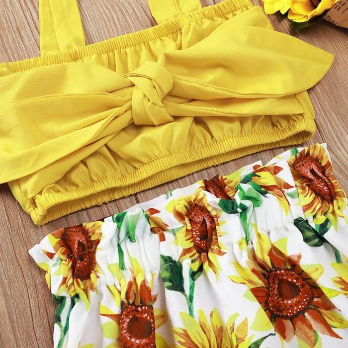 Solid Sling Top with Sunflower Printed Skirt Set