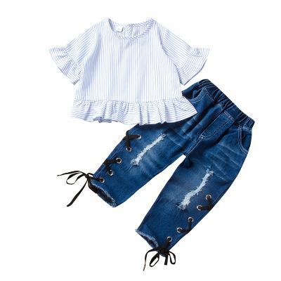 2-piece Baby / Toddler Girl Flounced  Striped Top and Denim Pants Set