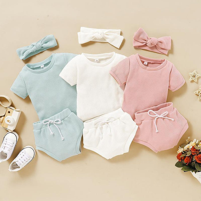 3-piece Solid T-shirt & Bloomers & Headband for Baby Girl