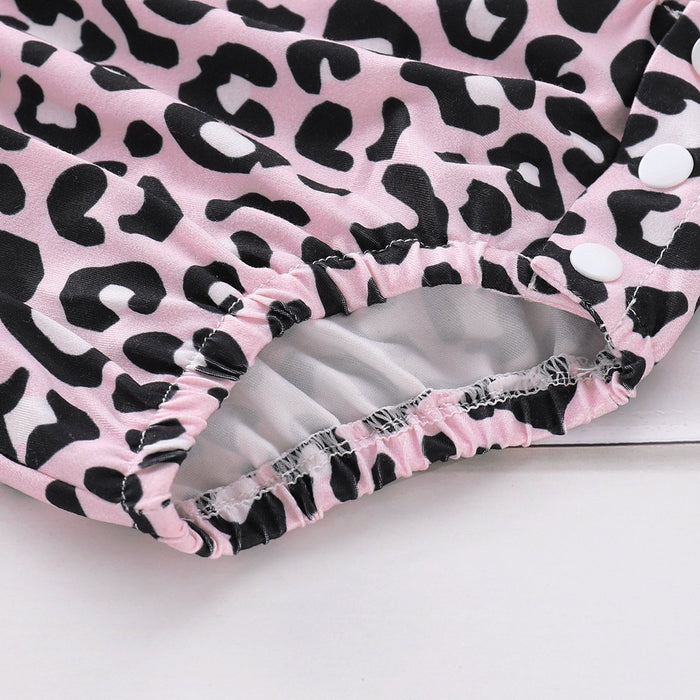 2-piece Baby Leopard Print Pompon Decor Sleeveless Rompers with Headband Set