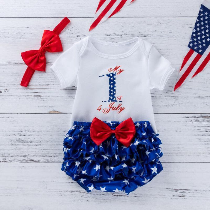 2-piece Letter 4th of July Independence Day Polka Dots Tutu Rompers with Headband