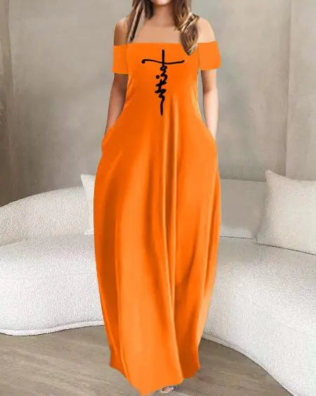 Plus Size Maxi Dress with "Faith" Print & Off Shoulder