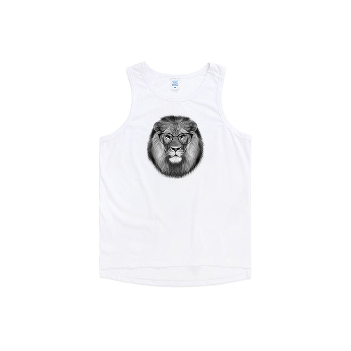Camiseta sin mangas extragrande con diseño de león y gafas redondas