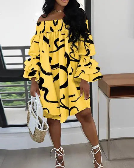 Off-shoulder jurk met abstracte print en plooien 