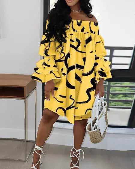 Off-shoulder jurk met abstracte print en plooien 