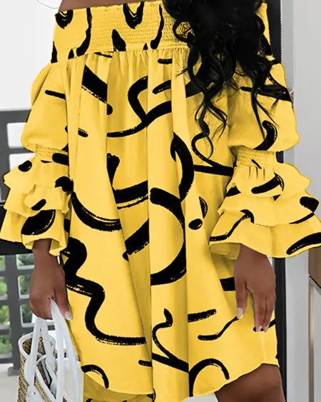 Off-shoulder jurk met abstracte print en plooien 