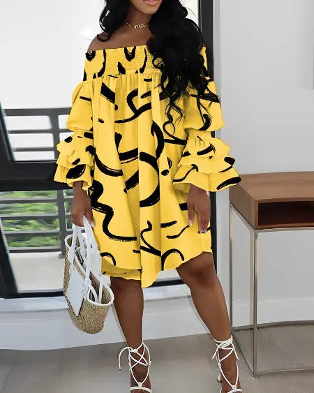 Off-shoulder jurk met abstracte print en plooien 