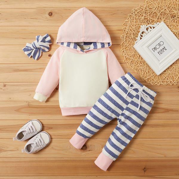 3-piece Cute Color Blocked Striped Hoodie, Tie-up Pants and Headband Set
