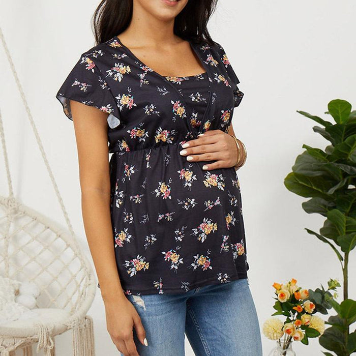 Pregnant mother breastfeeding ruffled short-sleeved T-shirt top