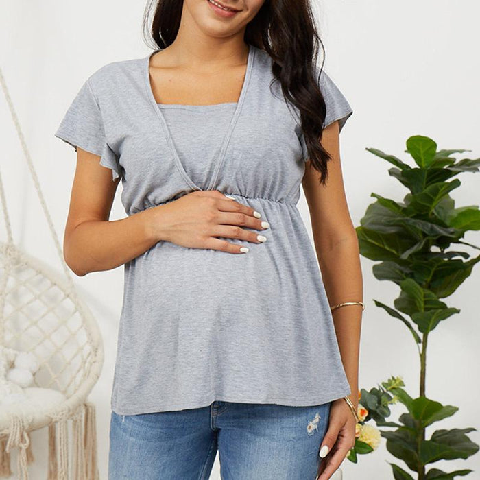 Pregnant mother breastfeeding ruffled short-sleeved T-shirt top