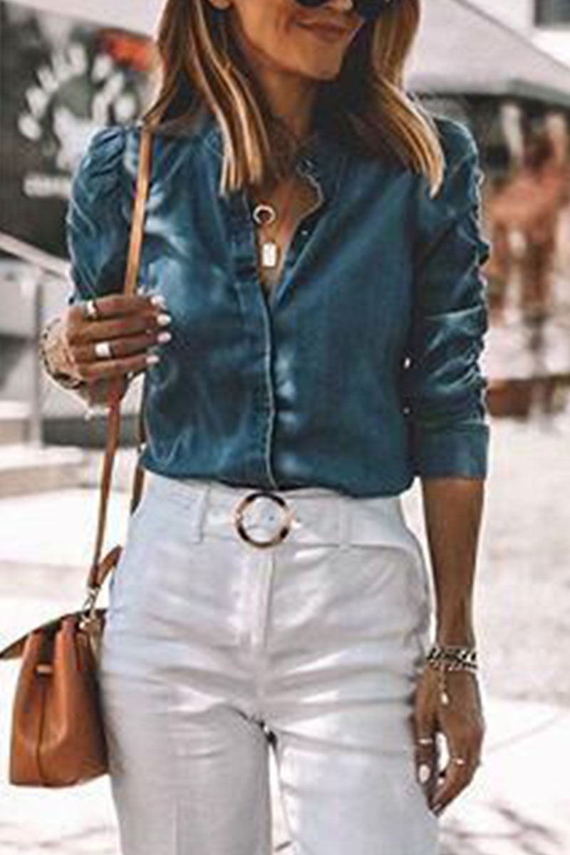 Fashion Street Classic Solid Turndown Collar Long Sleeve Regular Denim