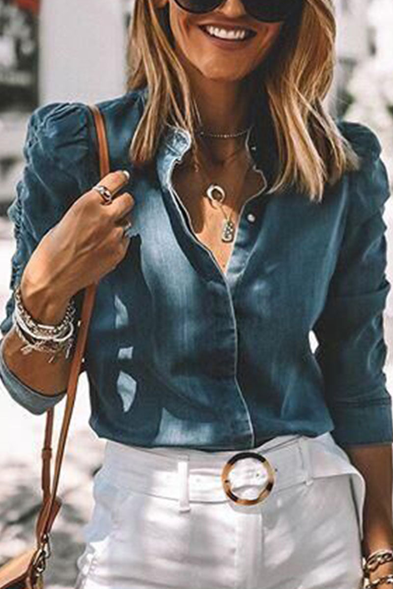 Fashion Street Classic Solid Turndown Collar Long Sleeve Regular Denim