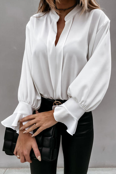 Fashion Work Classic Solid Flounce V Neck Tops