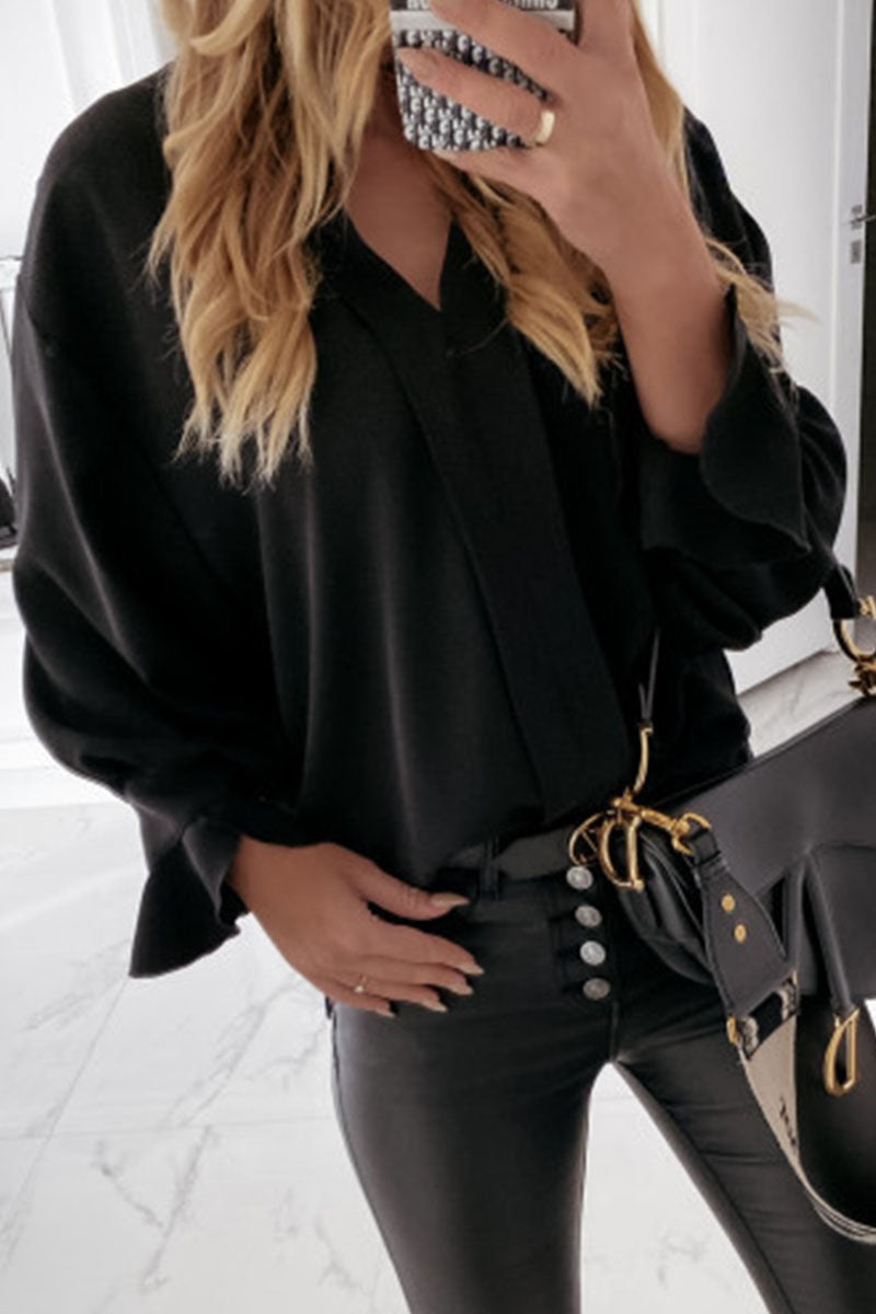 Fashion Work Classic Solid Flounce V Neck Tops