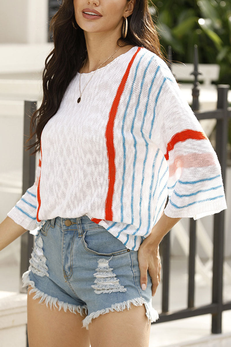 Fashion Sweet & Stylish Striped Split Joint O Neck Tops