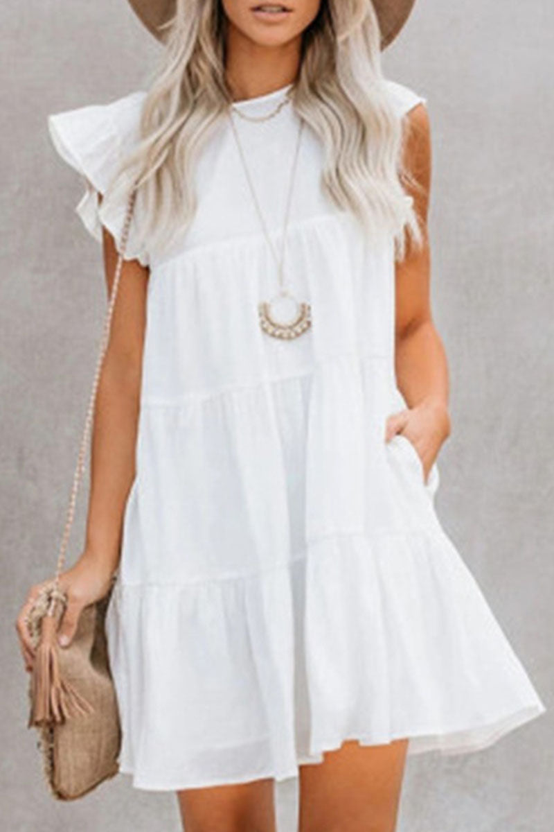 British Style Classic Solid Patchwork Flounce O Neck Princess Dresses(4 Colors)