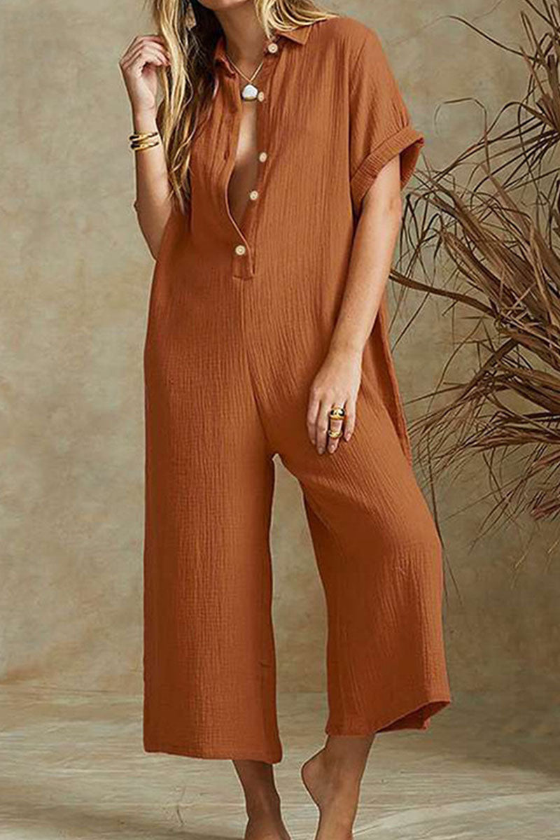 Casual & Stylish Classic Solid Turndown Collar Loose Jumpsuits(3 Colors)
