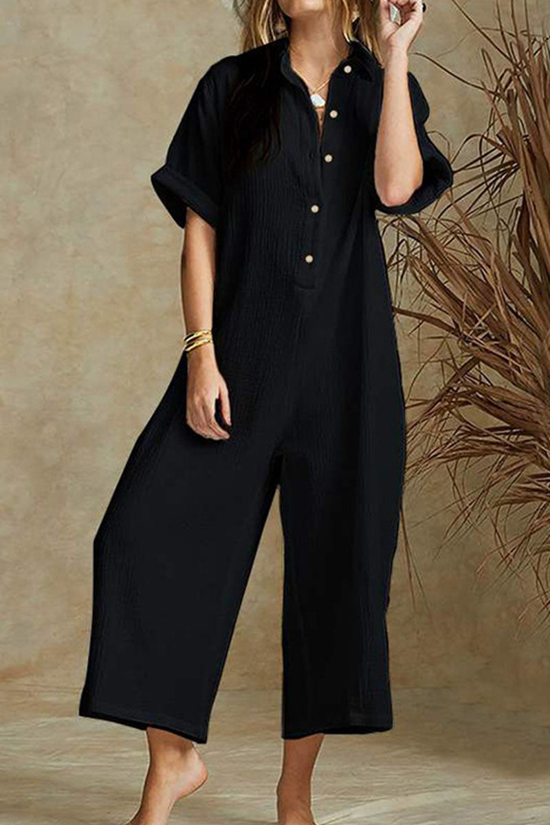 Casual & Stylish Classic Solid Turndown Collar Loose Jumpsuits(3 Colors)