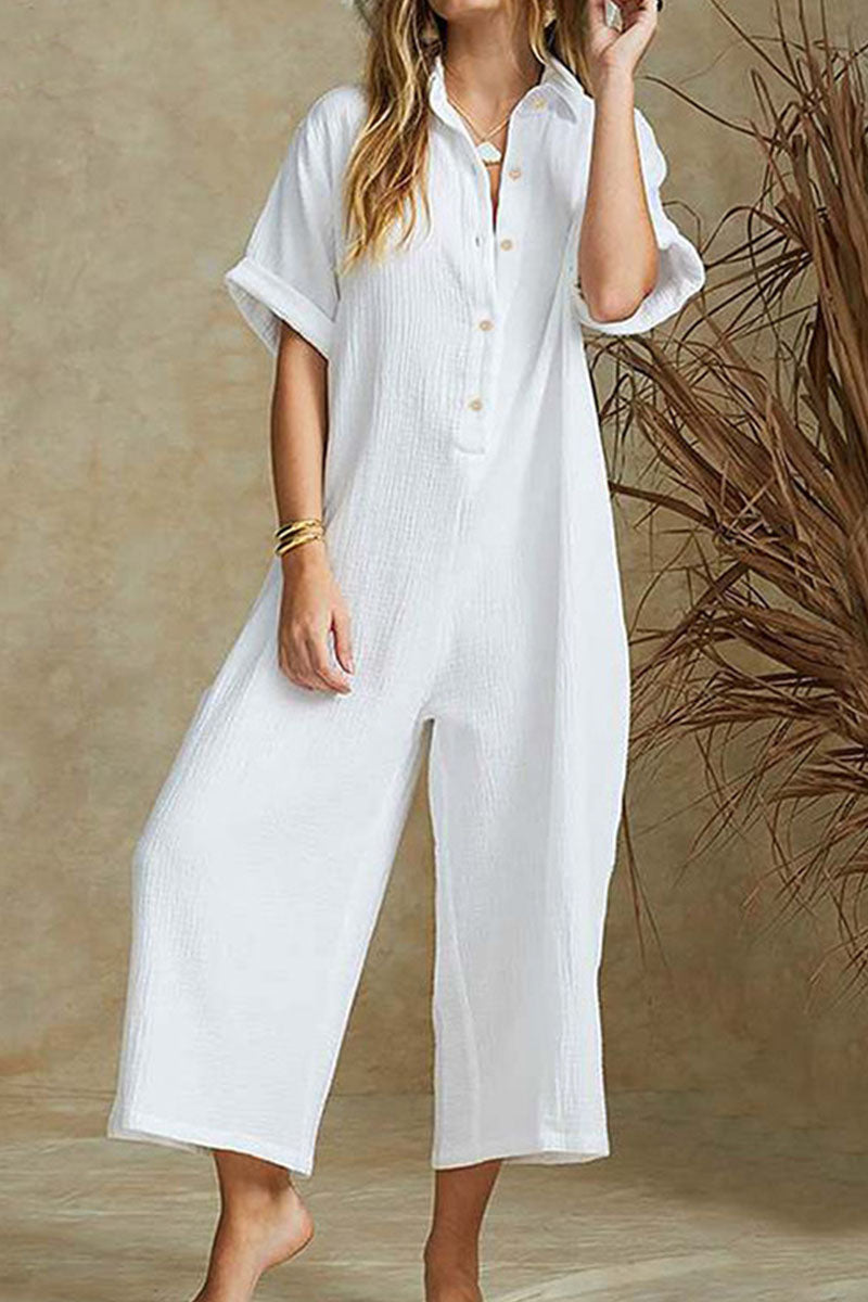 Casual & Stylish Classic Solid Turndown Collar Loose Jumpsuits(3 Colors)