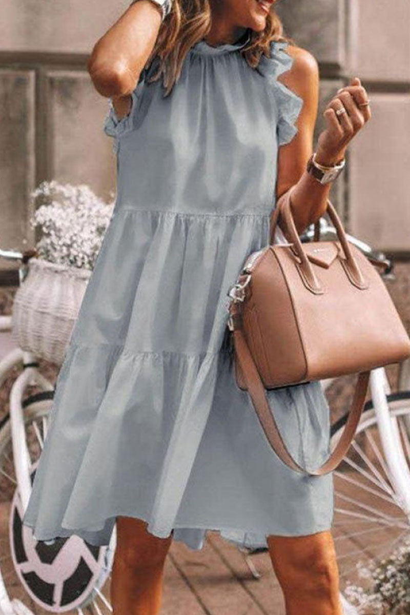 Fashion Sweet & Stylish Classic Solid Patchwork Flounce O Neck A Line Dresses(5 Colors)