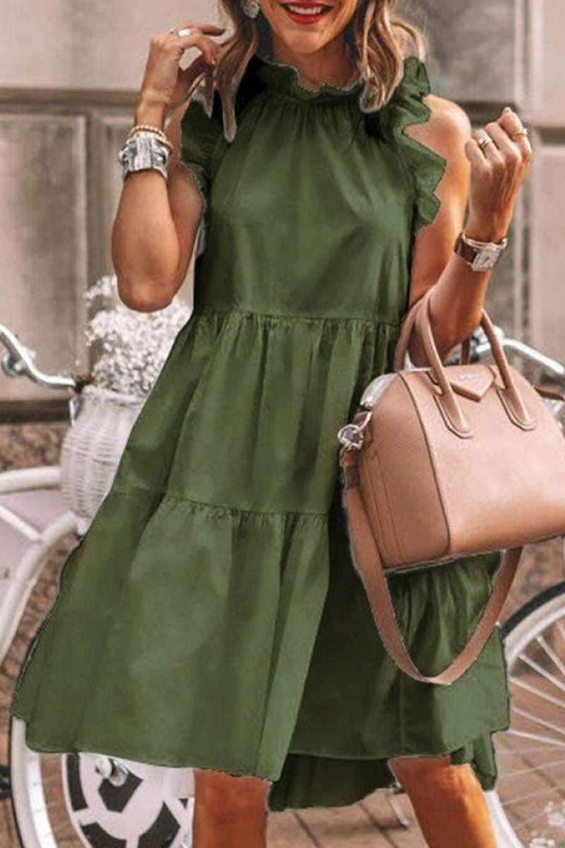 Fashion Sweet & Stylish Classic Solid Patchwork Flounce O Neck A Line Dresses(5 Colors)