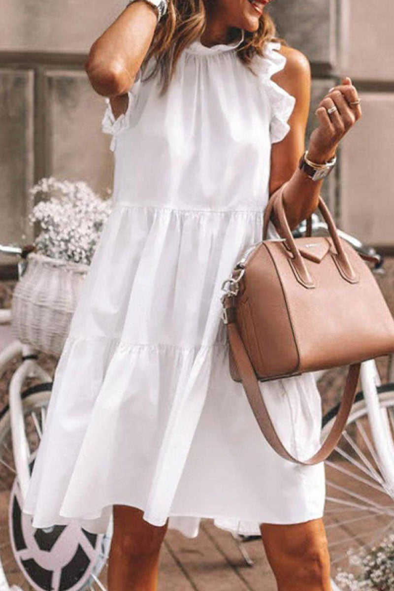 Fashion Sweet & Stylish Classic Solid Patchwork Flounce O Neck A Line Dresses(5 Colors)