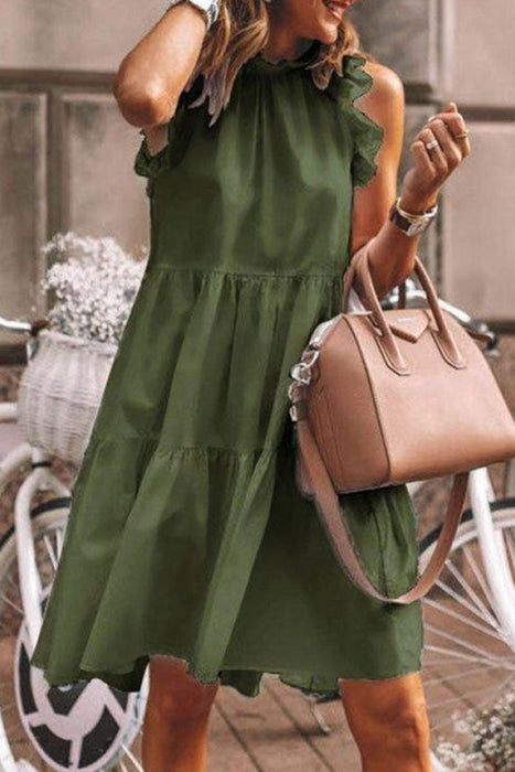 Mode Zoete en stijlvolle klassieke effen patchwork volant O-hals A-lijn jurken (5 kleuren)