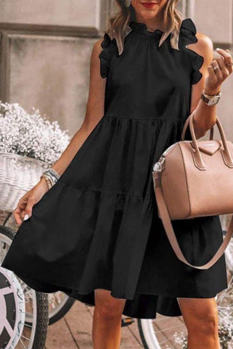 Fashion Sweet & Stylish Classic Solid Patchwork Flounce O Neck A Line Dresses(5 Colors)