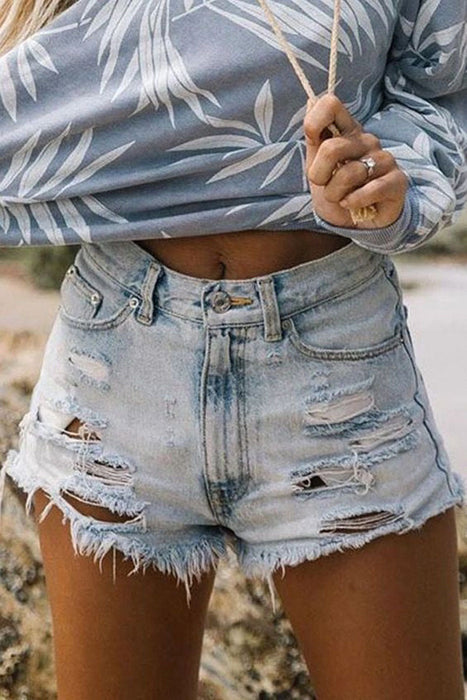 Casual & Stylish Classic Solid Ripped High Waist Straight Denim Shorts
