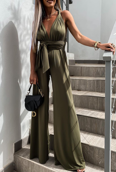 Street Classic Solid Bandage Halter Loose Jumpsuits(4 Colors)