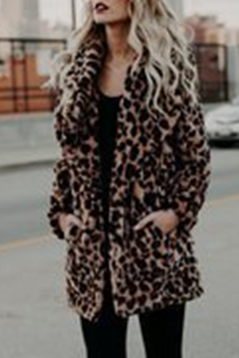 Ropa de abrigo básica con cuello vuelto, elegante y con estilo, con bolsillo de leopardo, a la moda