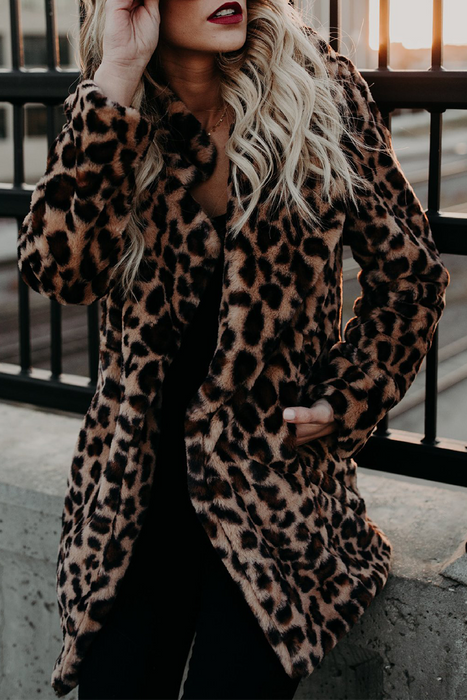 Fashion Elegant & Stylish Leopard Pocket Basic Turndown Collar Outerwear