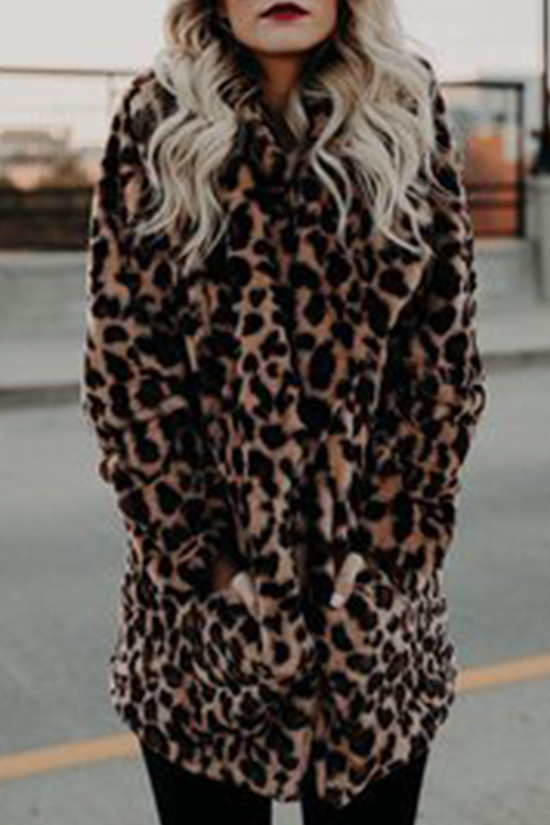 Fashion Elegant & Stylish Leopard Pocket Basic Turndown Collar Outerwear