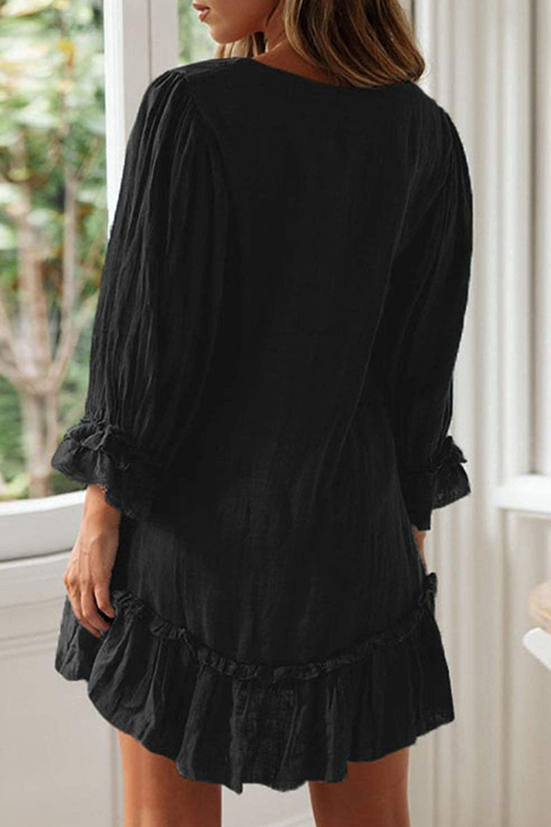 Fashion Simplicity Classic Solid Patchwork V Neck A Line Dresses(4 Colors)