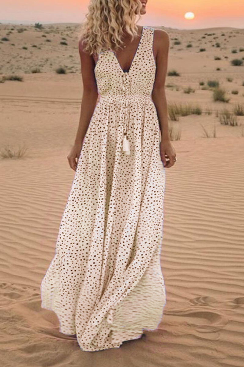 Bohemian Vibes: Dot Patchwork A-Line Dresses with V Neck (Choose from 4 Colors)