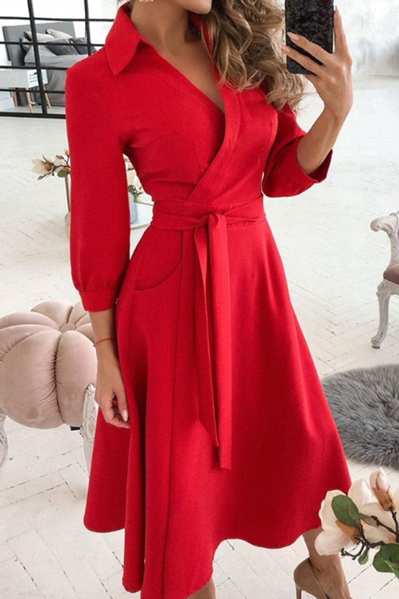 Fashion Casual & Stylish Classic Solid Frenulum V Neck A Line Dresses