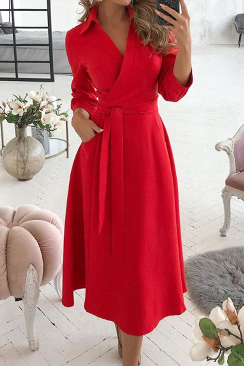 Fashion Casual & Stylish Classic Solid Frenulum V Neck A Line Dresses