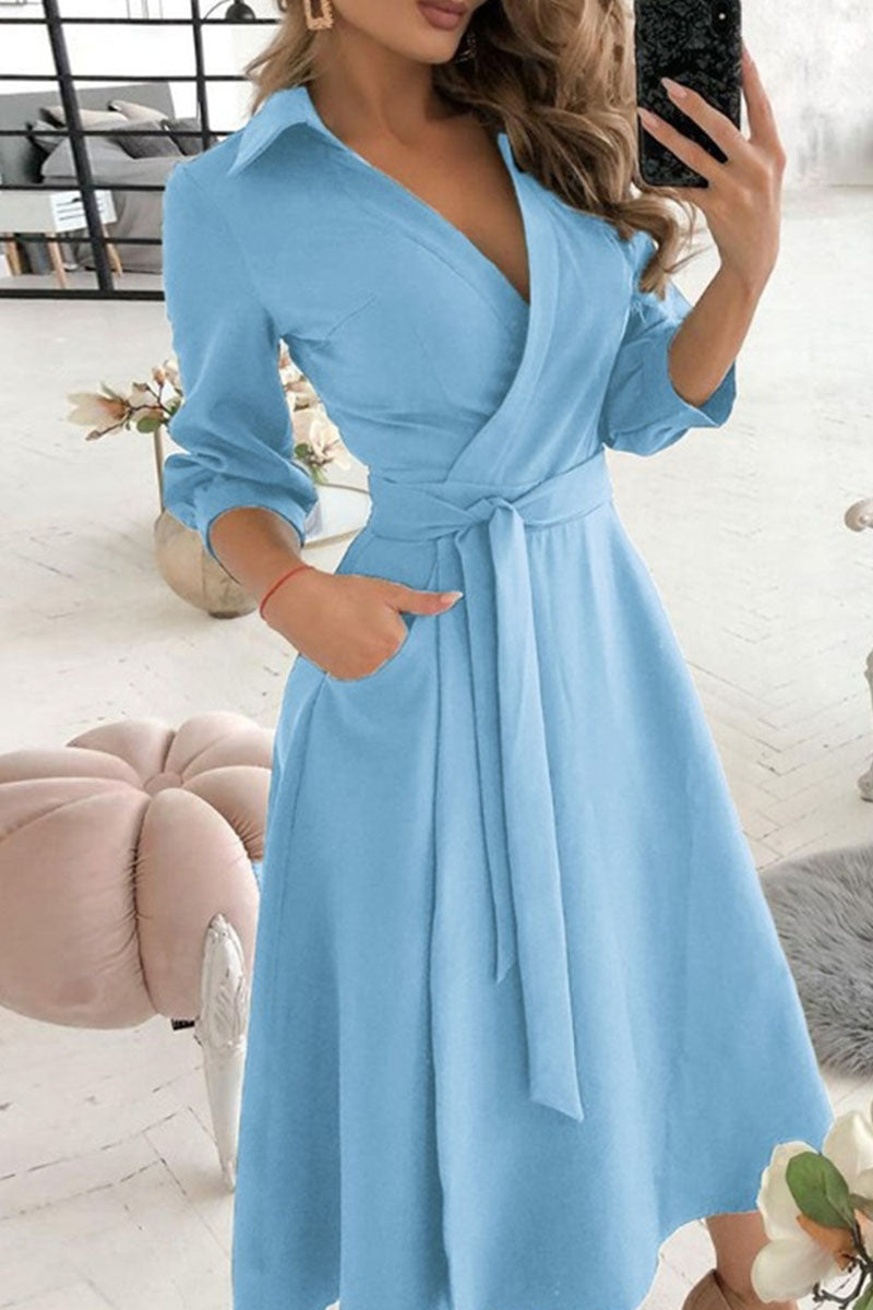 Fashion Casual & Stylish Classic Solid Frenulum V Neck A Line Dresses