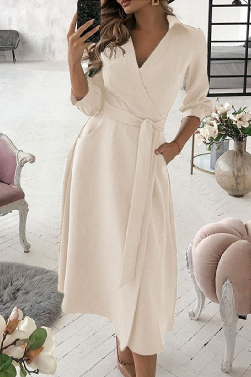 Fashion Casual & Stylish Classic Solid Frenulum V Neck A Line Dresses