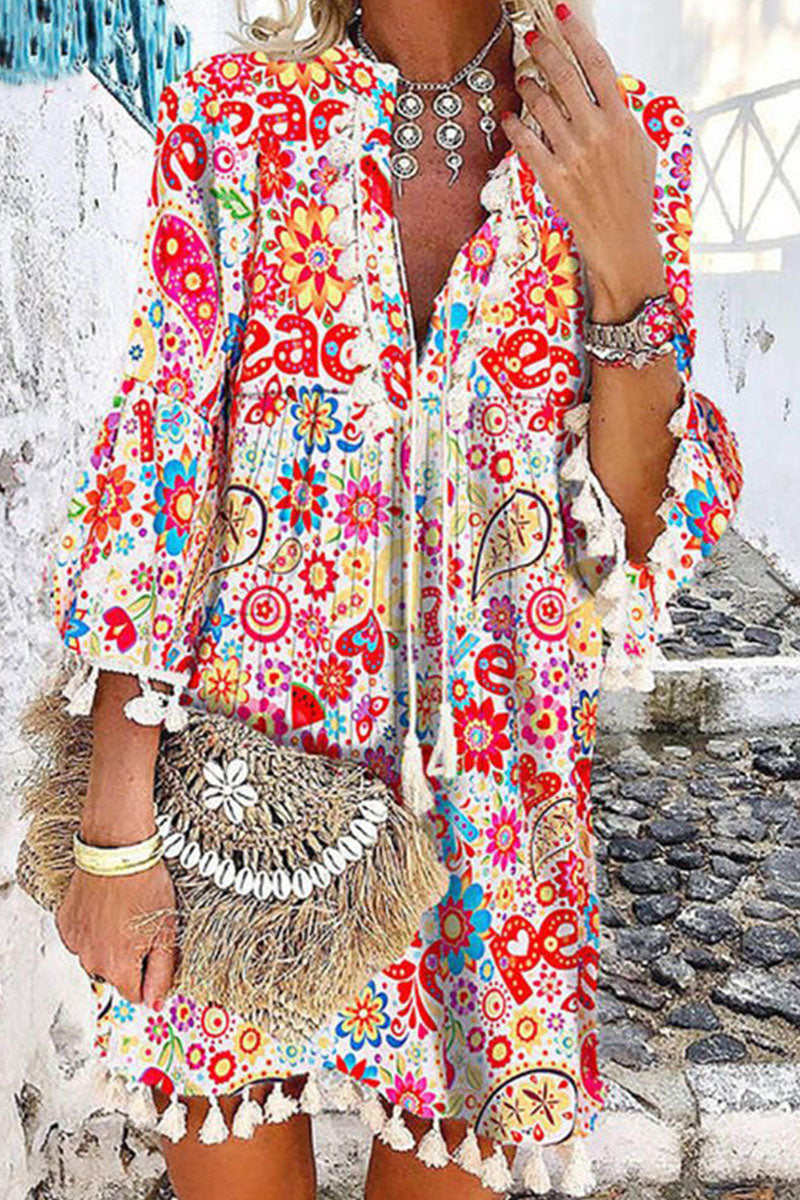 British Style Princess Midi Dresses with Tassel V Neck (Printed Design)