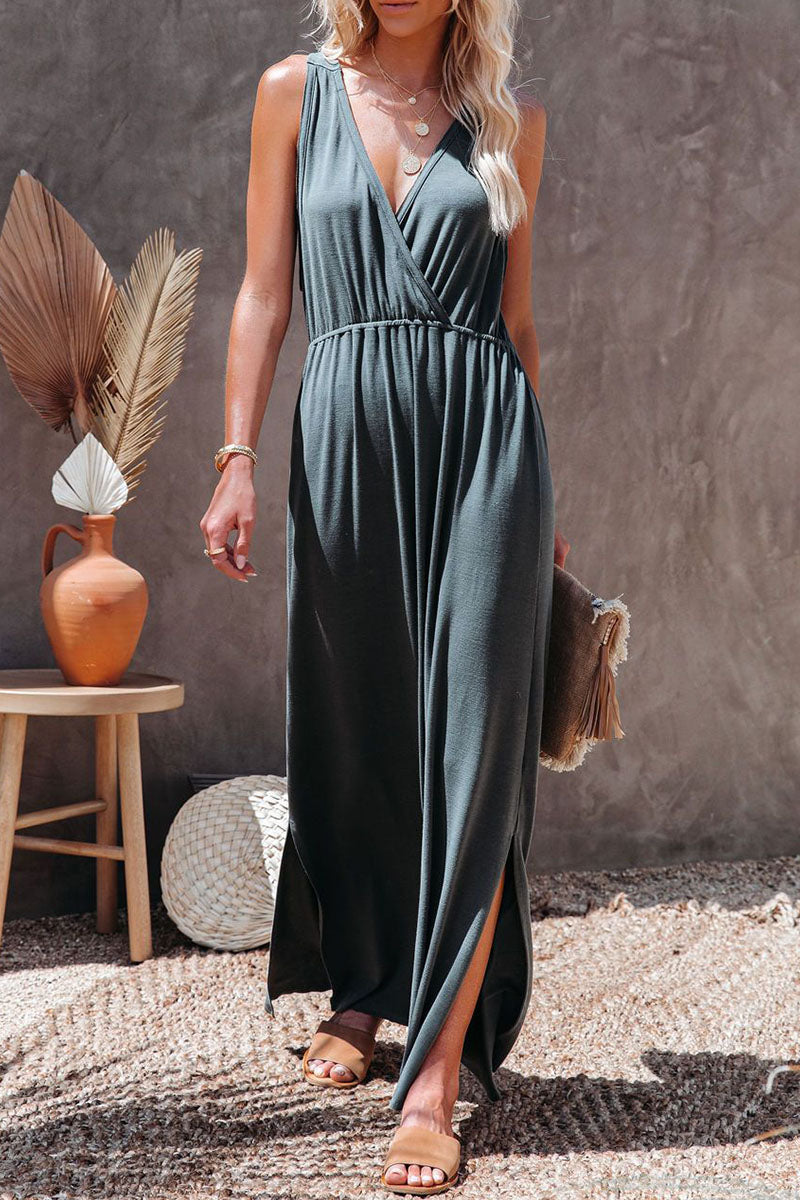 Fashion Classic Solid Slit V Neck A Line Maxi Dresses