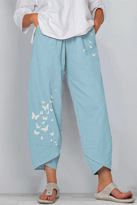 Butterfly Print Capris: Loose Fit Wide Leg Bottoms with Mid Waist