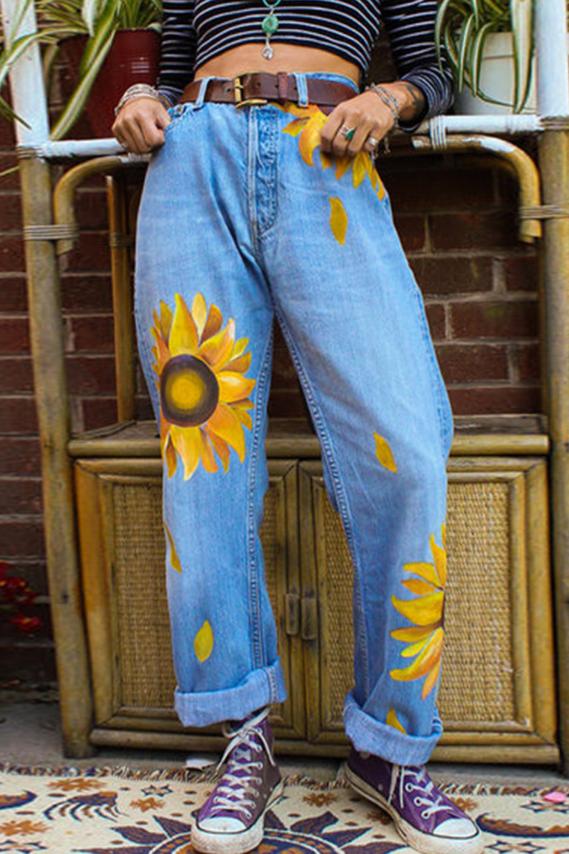 Casual & Stylish Floral Make Old Basic Mid Waist Wide Leg Positioning Print Bottoms