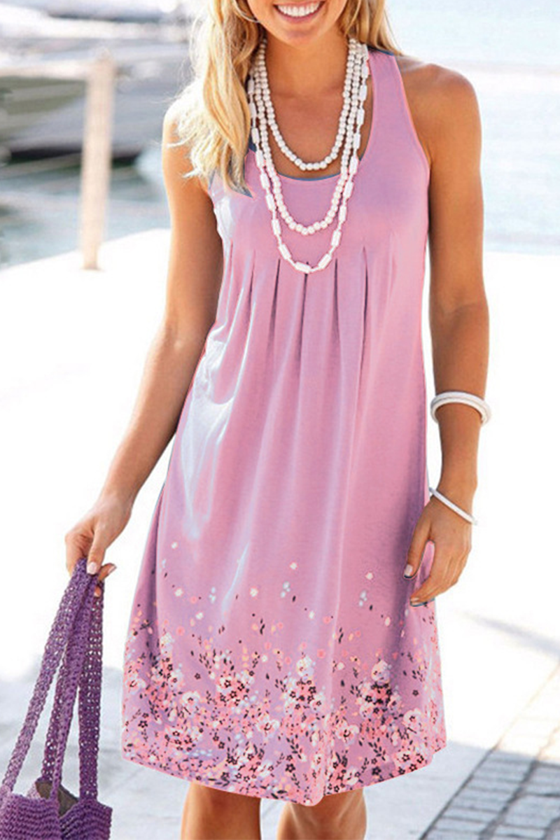 Casual & Stylish Print Fold U Neck A Line Dresses(7 Colors)