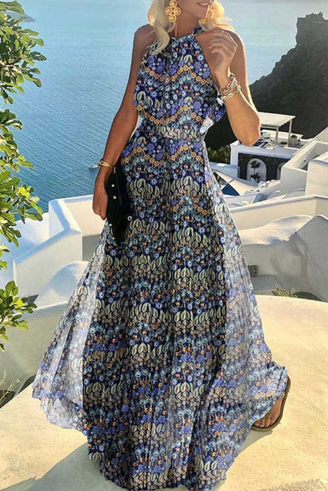 Fashion Bohemian Print Patchwork Halter Pleated Dresses Elegant For Special Occasions