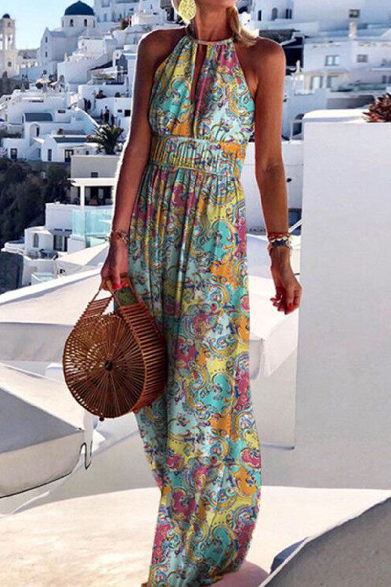 Bohemian Print Patchwork Halter Pleated Dresses(4 Colors)