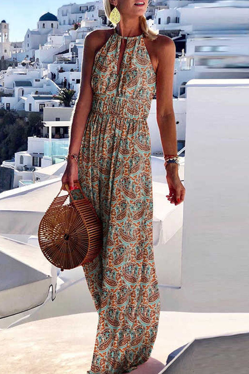 Bohemian Print Patchwork Halter Pleated Dresses(4 Colors)